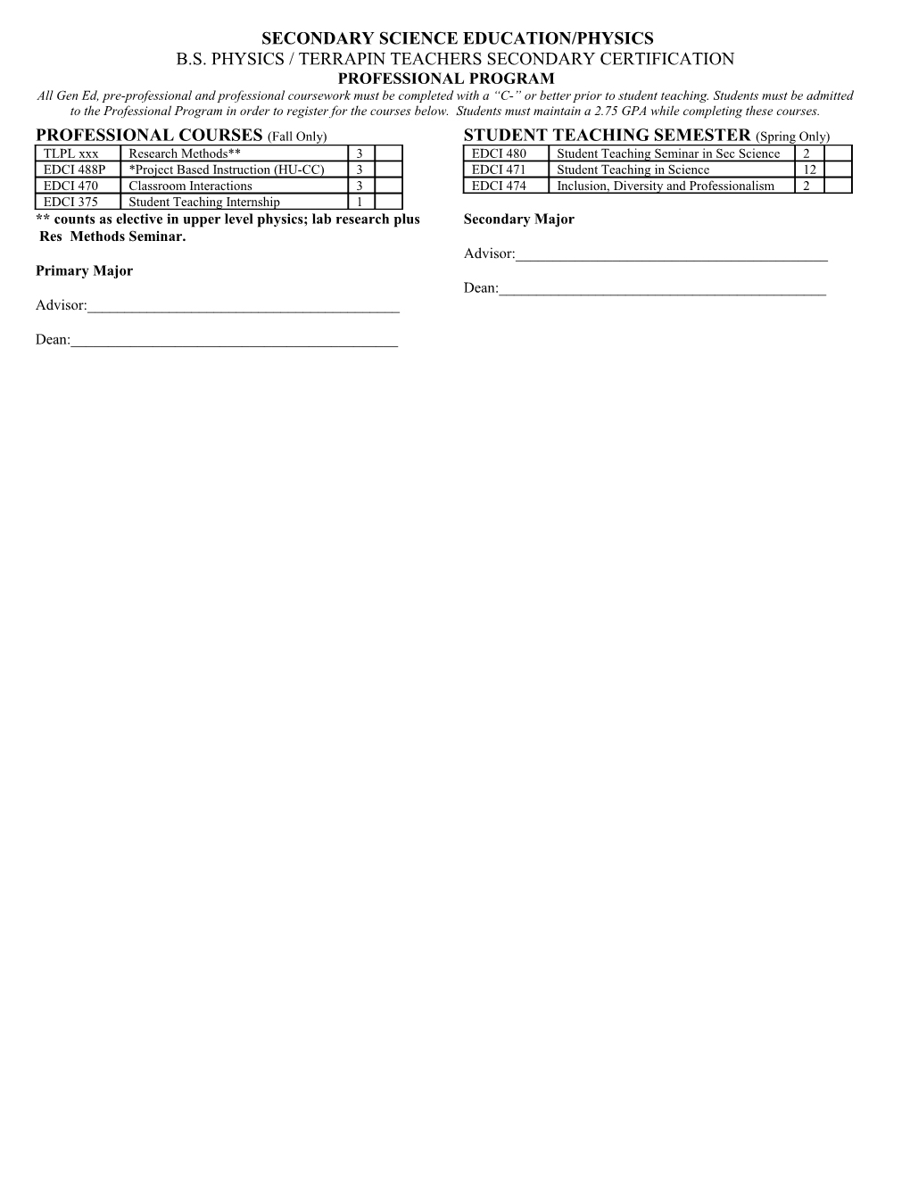 Secondary Education Science/Physics Four-Year Plan