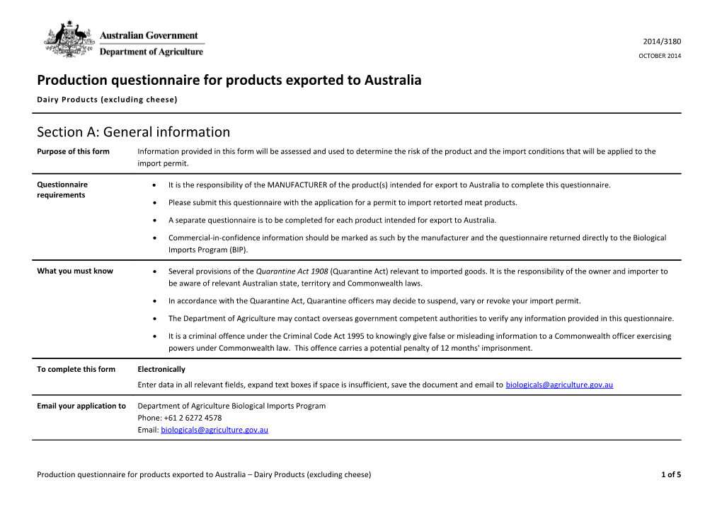 Production Questionnaire for Products Exported to Australia