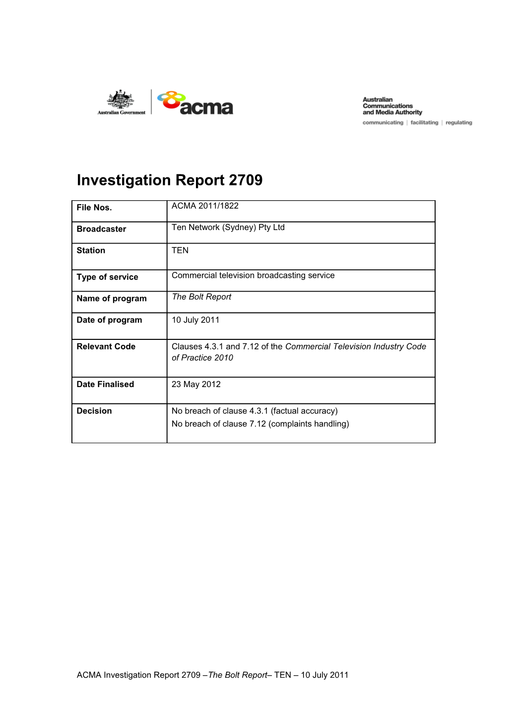 Ten Network - ACMA Investigation Report 2709