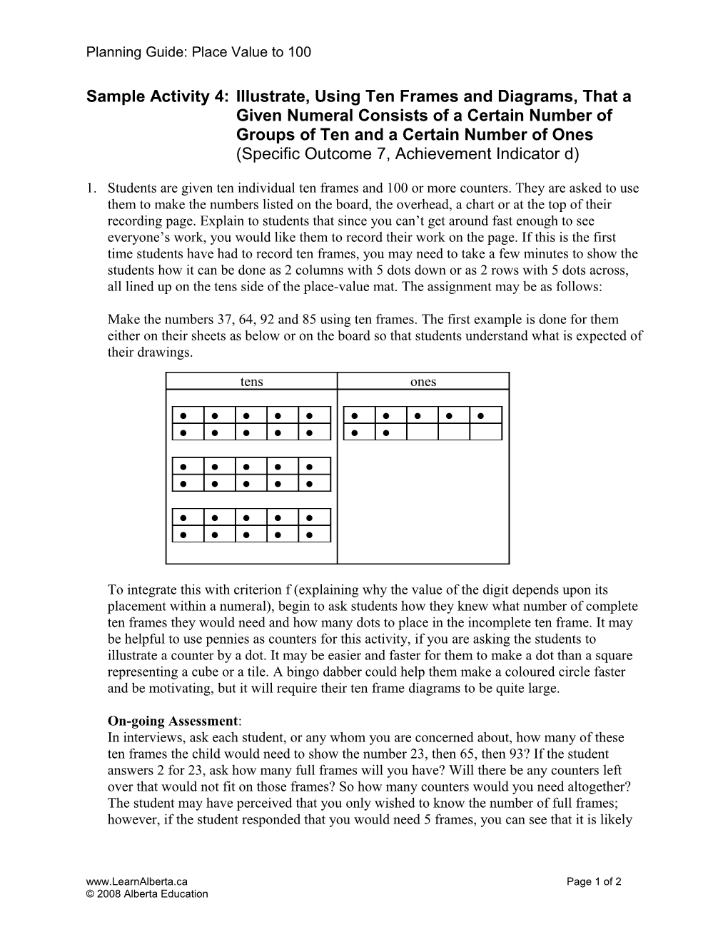 Planning Guide:Place Value to 100