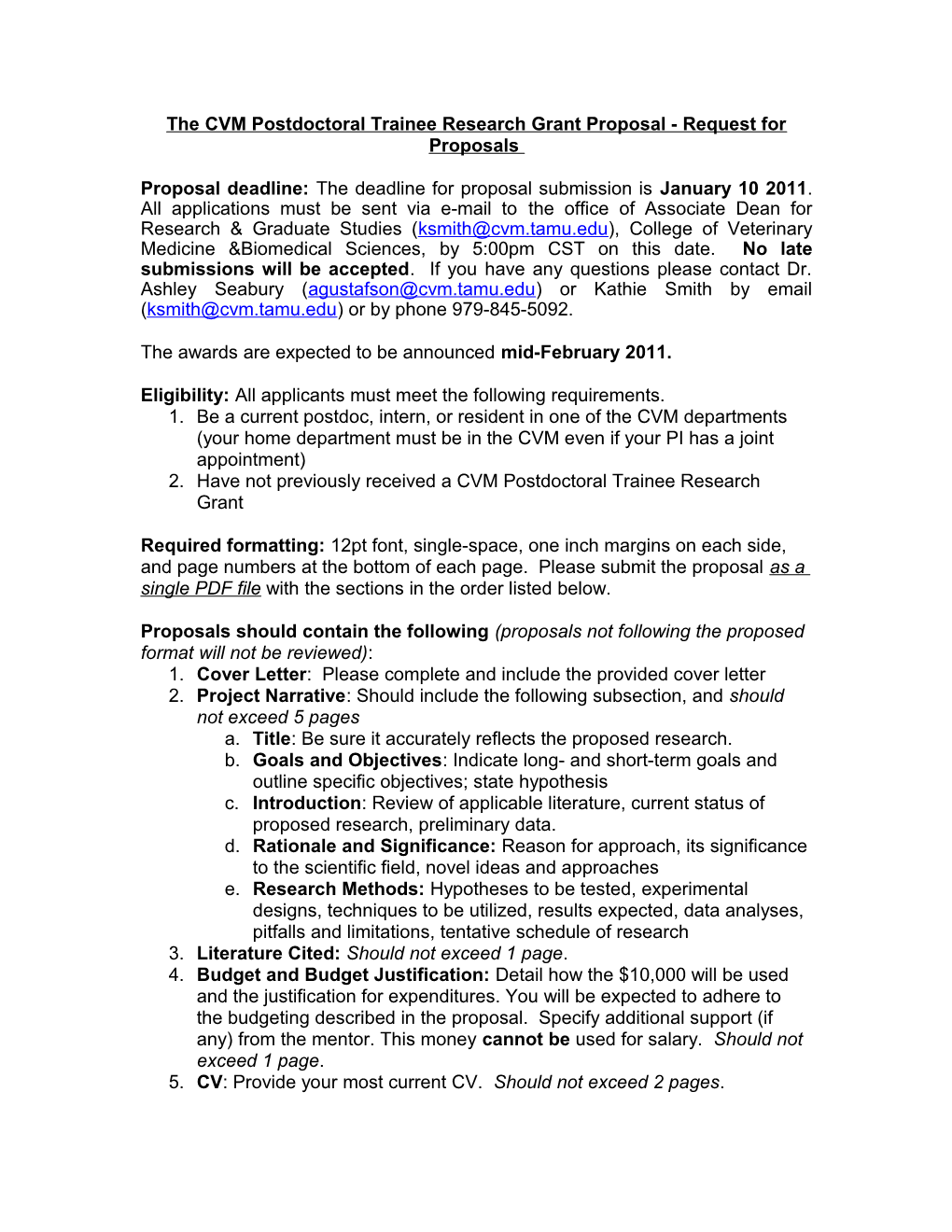 The CVM Postdoc Association Postdoctoral Trainee Research Grant Proposal Request for Proposals