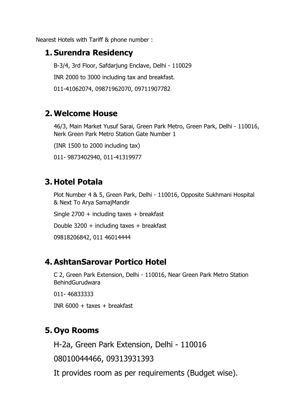 Nearest Hotels Withtariff & Phone Number