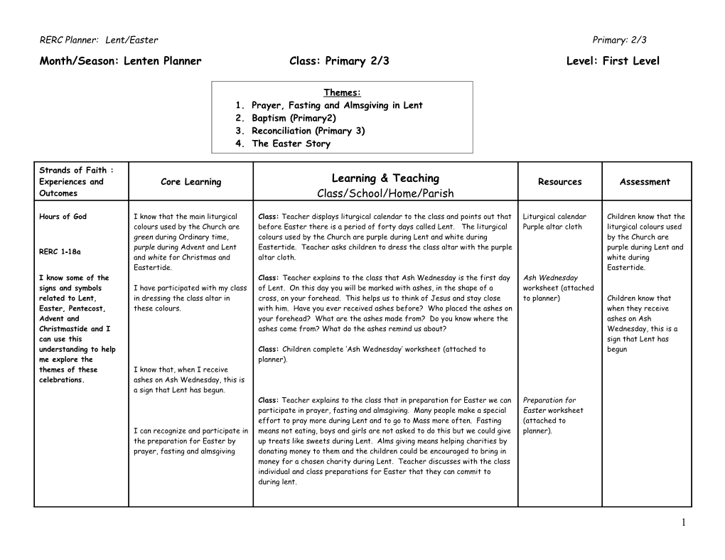 Month/Season: Lenten Planner Class: Primary 2/3Level:First Level