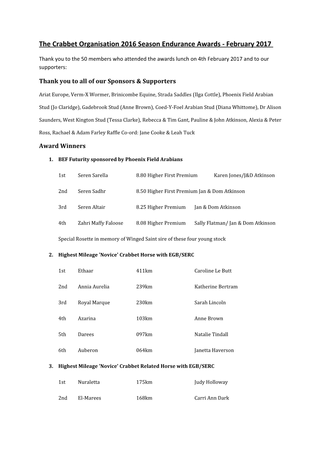 The Crabbet Organisation 2016 Season Endurance Awards - February 2017