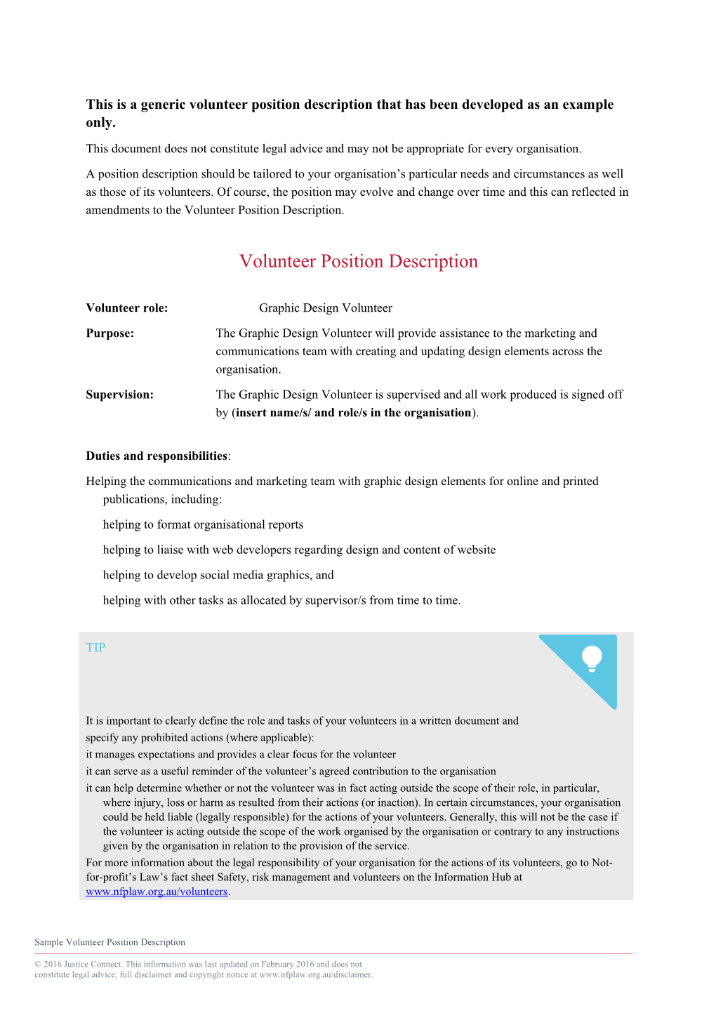 This Is a Generic Volunteer Position Description That Has Been Developed As an Example Only