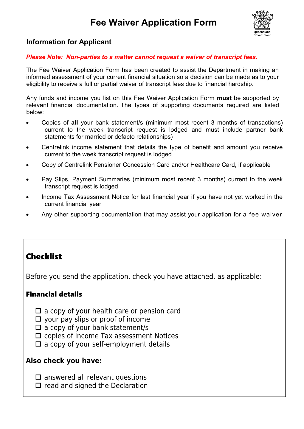 SRB Fee Waiver Form