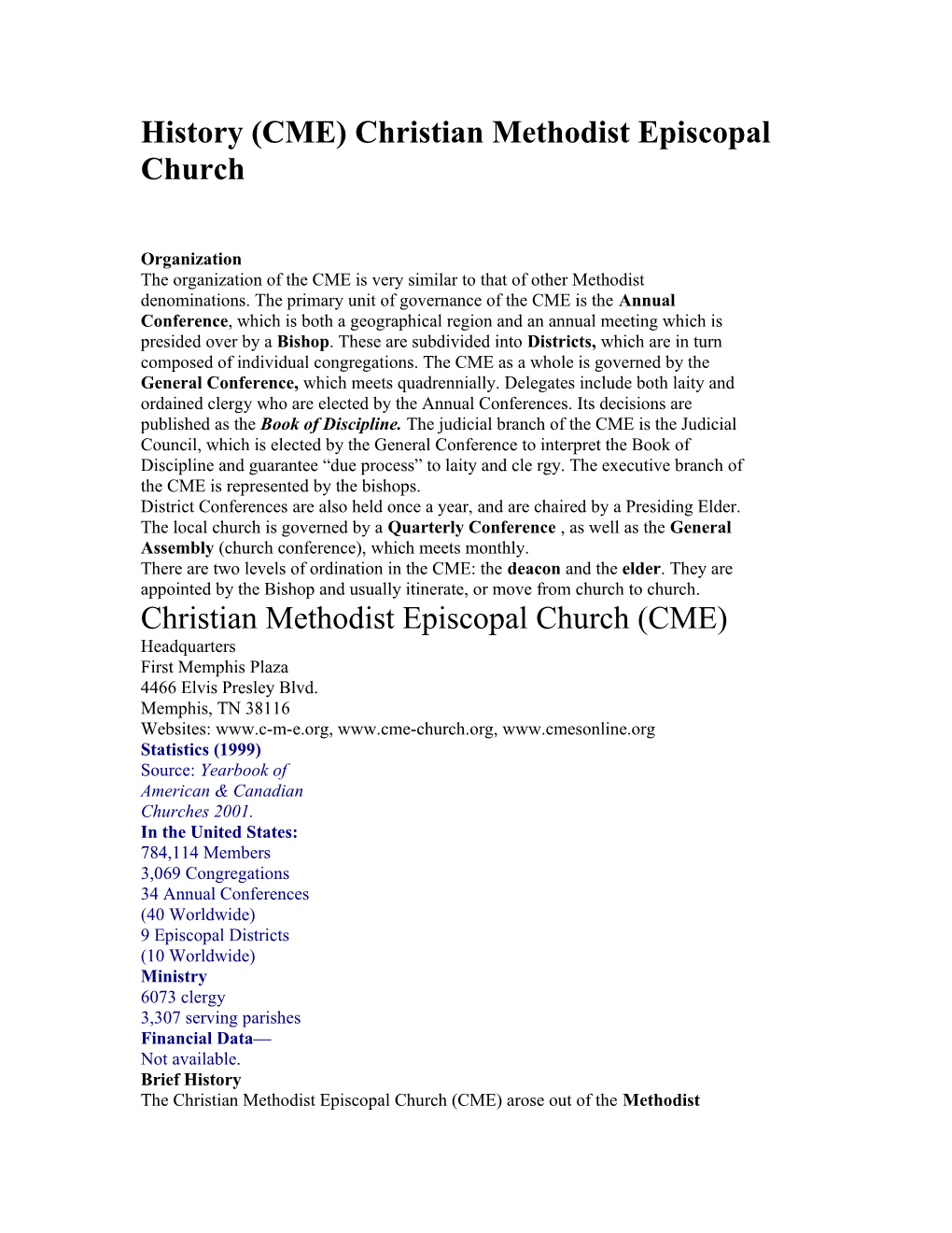 History (CME) Christian Methodist Episcopal Church