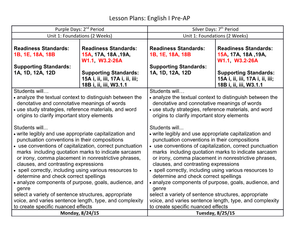 Lesson Plans: English I Pre-AP