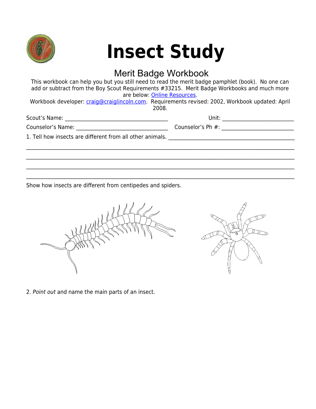 Insect Study P. 1 Merit Badge Workbookscout's Name: ______