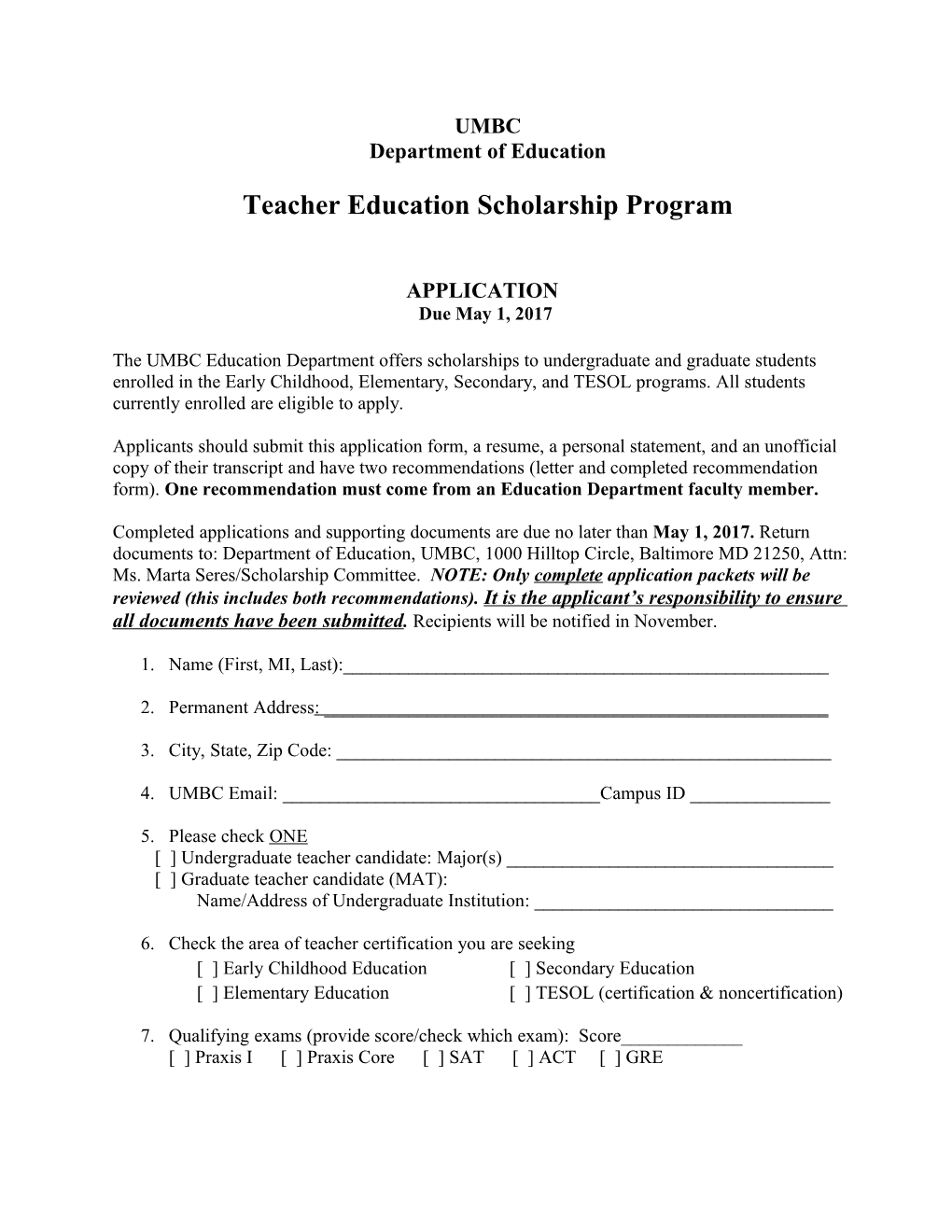Teacher Education Scholarship Program