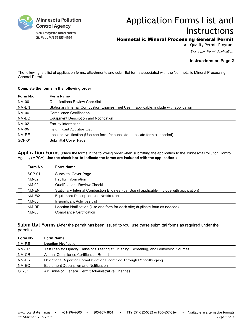 NM-INS Forms Master List and Instructions - Nonmetallic Mineral Processing General Permit
