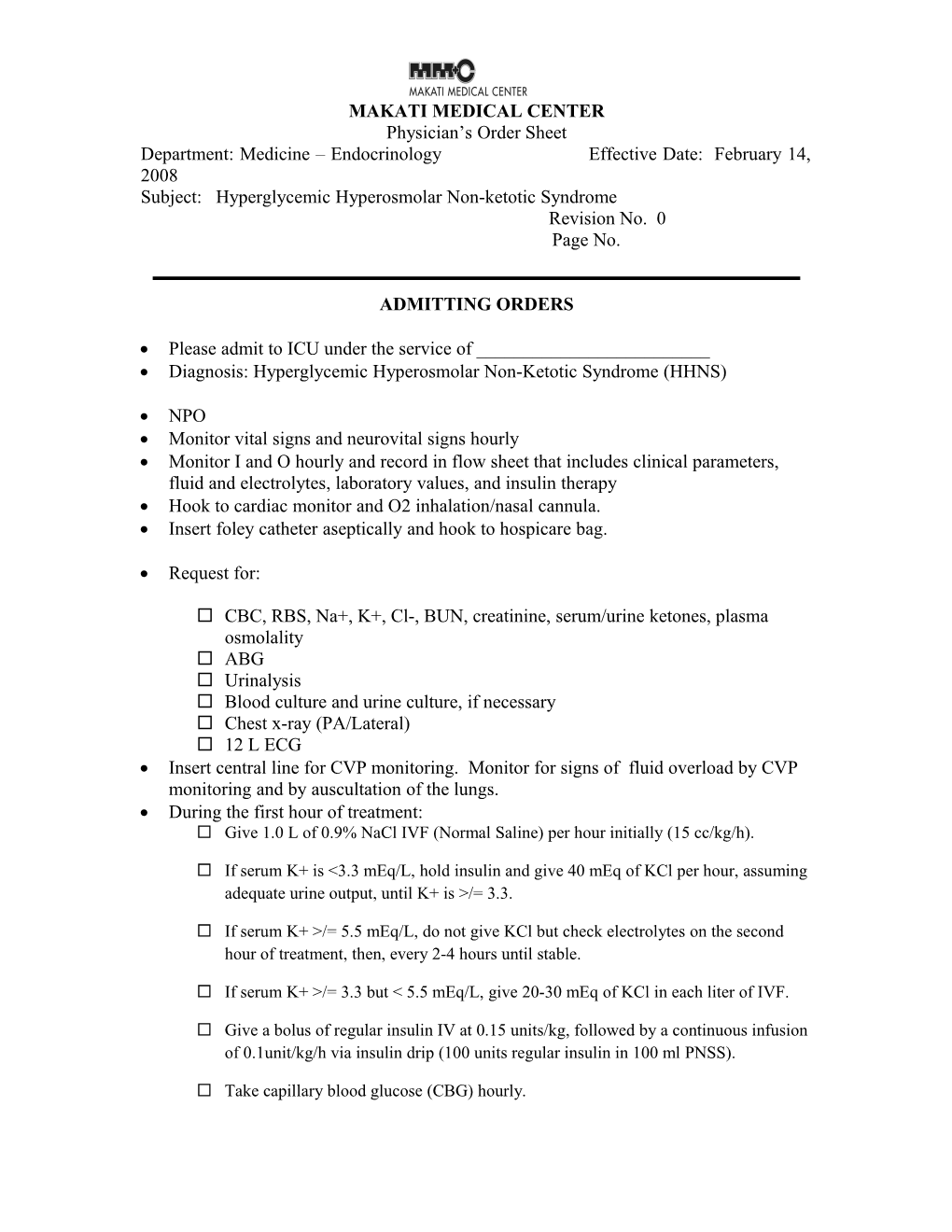 Subject: Hyperglycemic Hyperosmolar Non-Ketotic Syndrome