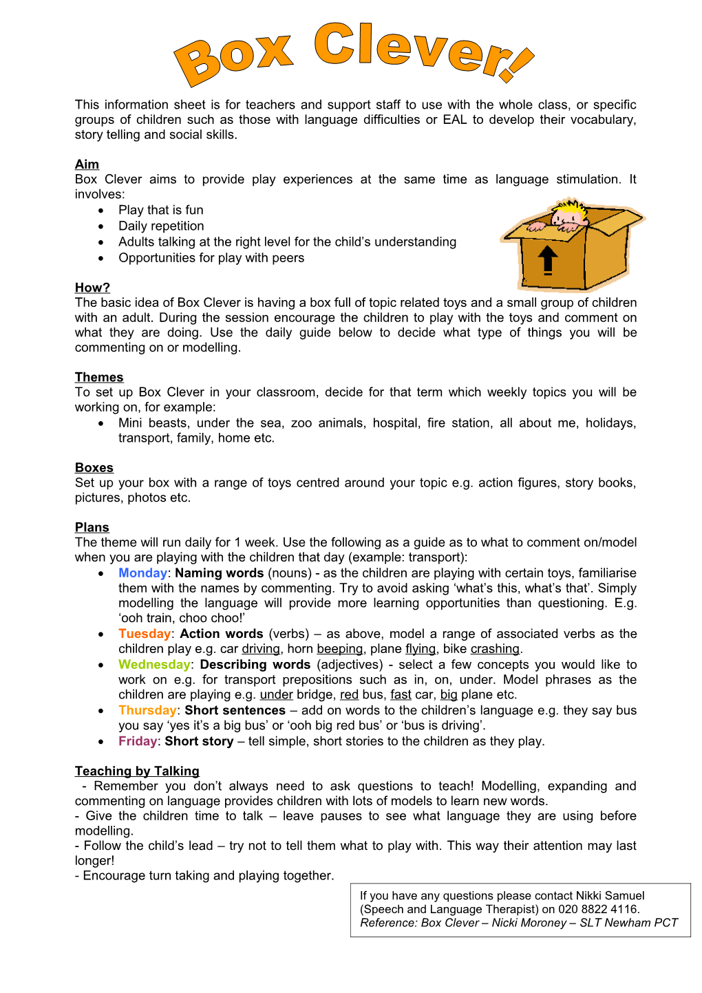 This Information Sheet Is for Teachers and Support Staff to Use with the Whole Class, Or