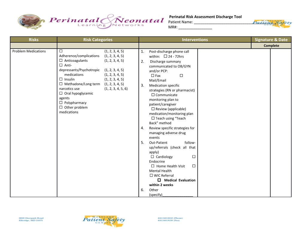 Perinatal Risk Assessment Discharge Tool