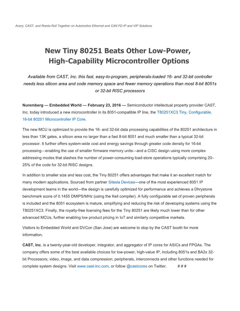 Iot Subsystems from CAST and Soc Solutions Reduce Time to Market for Connected Products