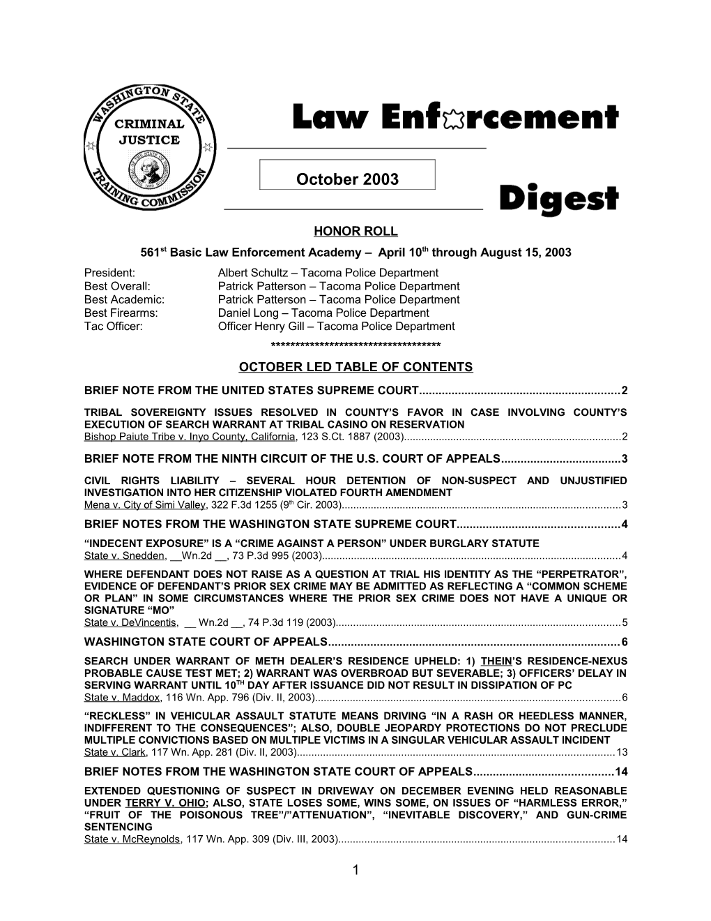 561St Basic Law Enforcement Academy April 10Th Through August 15, 2003