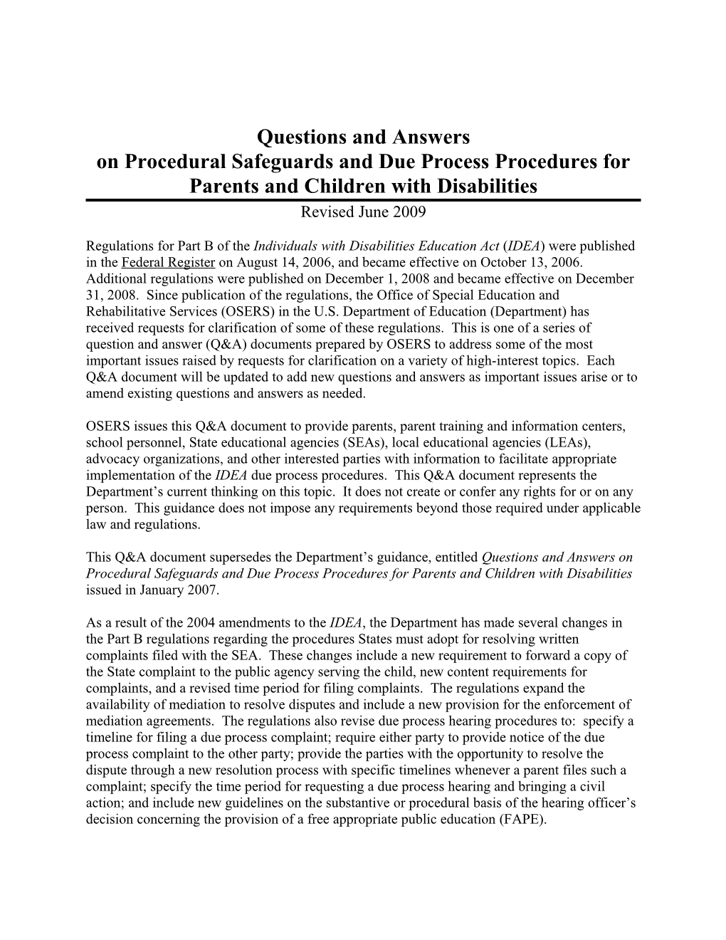 IDEA: Questions and Answers on Procedural Safeguards and Due Process Procedures for Parents