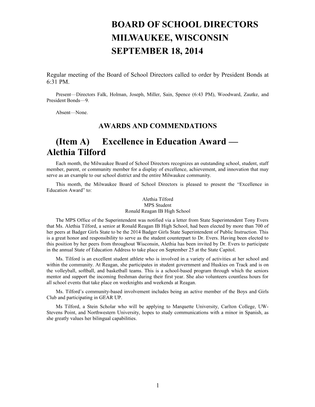 September 2014 Proceedings of the Milwaukee Board of School Directors