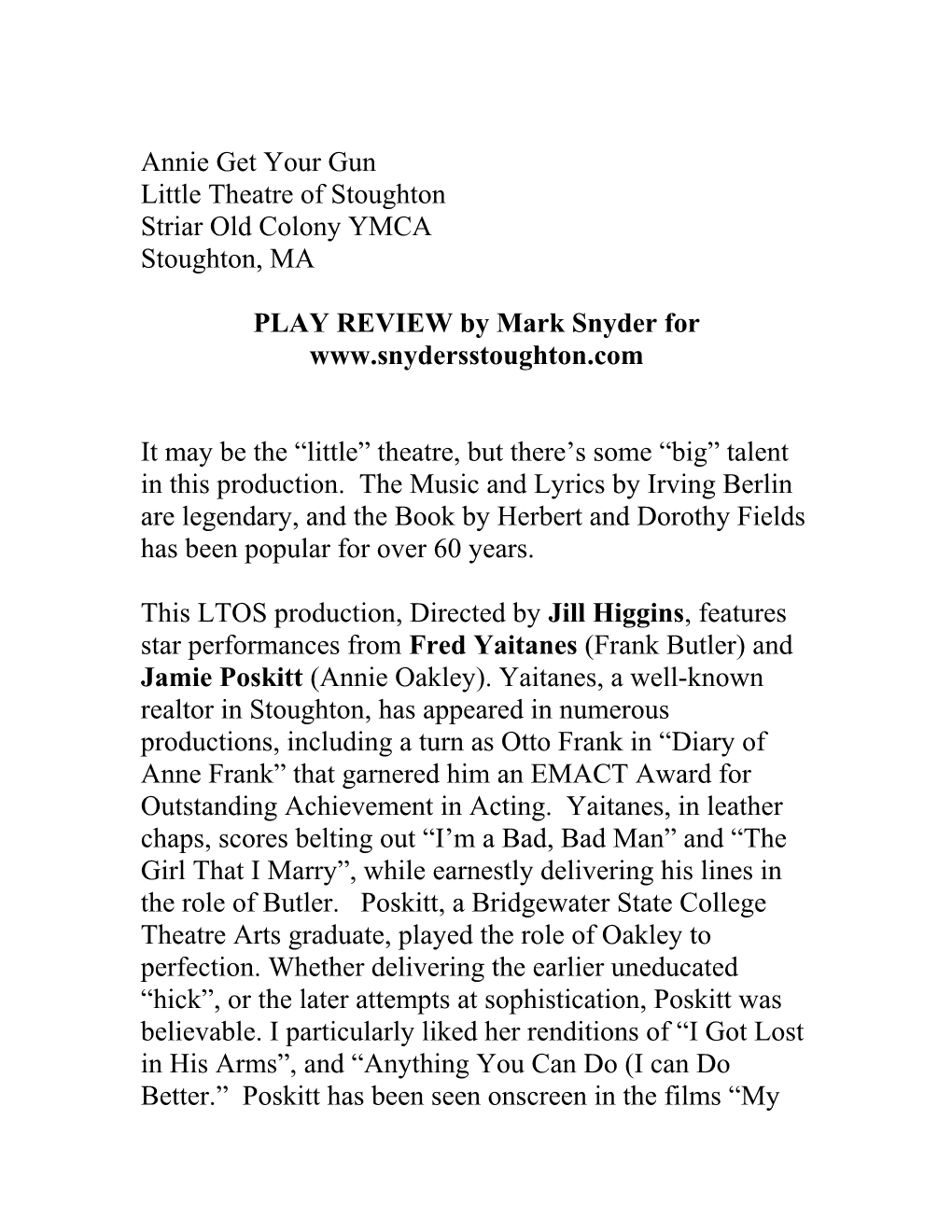 PLAY REVIEW by Mark Snyder