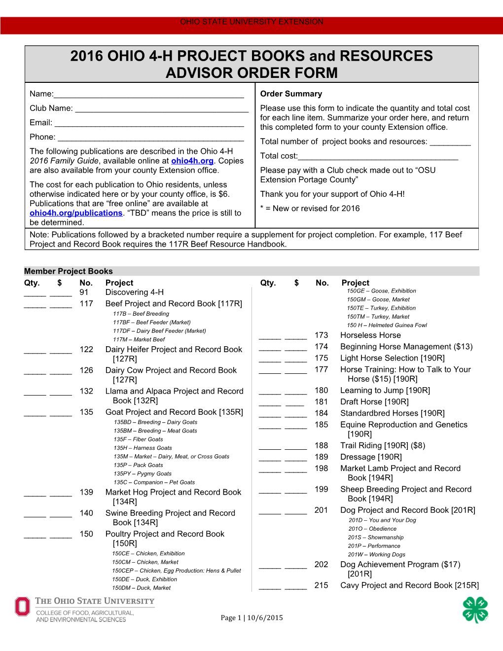 Advisor Order Form - 2003 4-H Publications 4-H 950-1