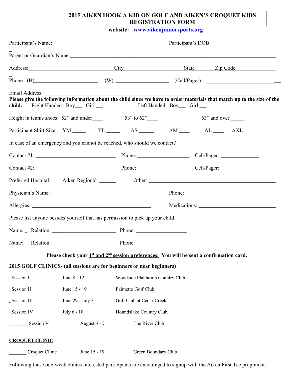 Aiken Hook a Kid on Golf Registration Form