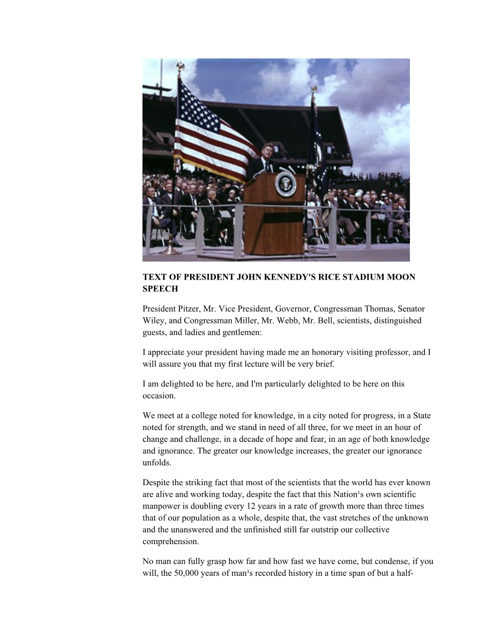 Text of President John Kennedy's Rice Stadium Moon Speech