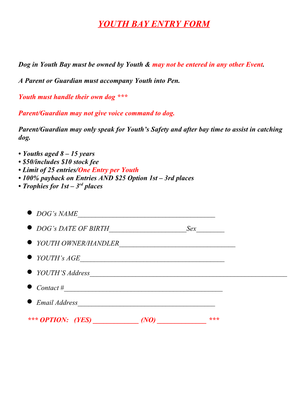 Youth Bay Entry Form