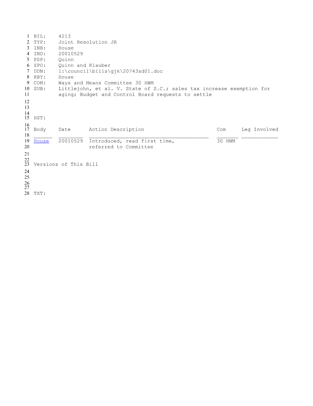 2001-2002 Bill 4213: Littlejohn, Et Al. V. State of S.C.; Sales Tax Increase Exemption