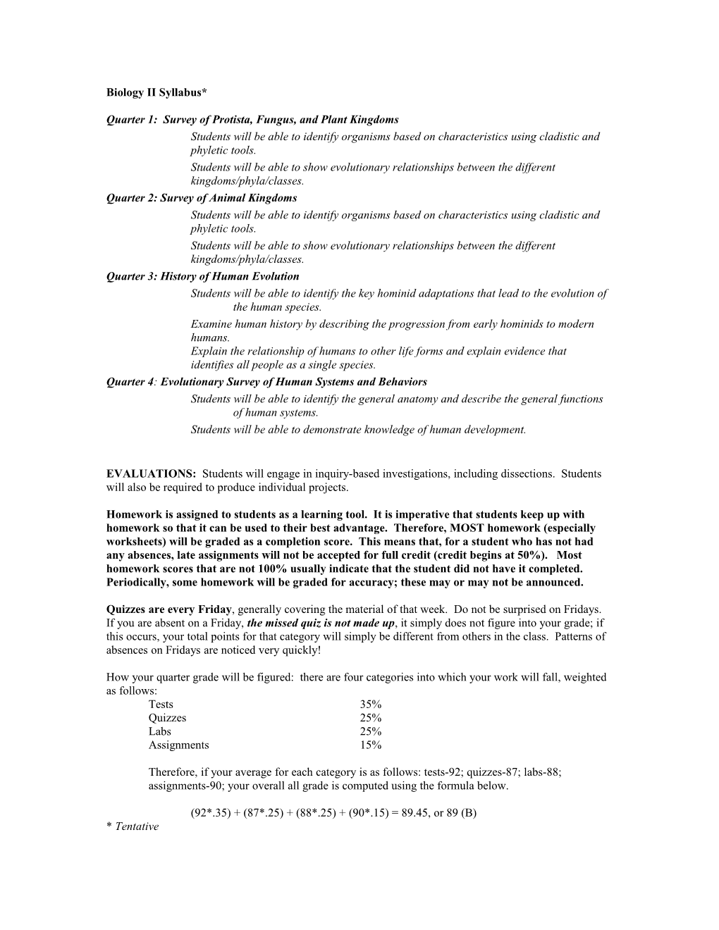 Biology II Syllabus*