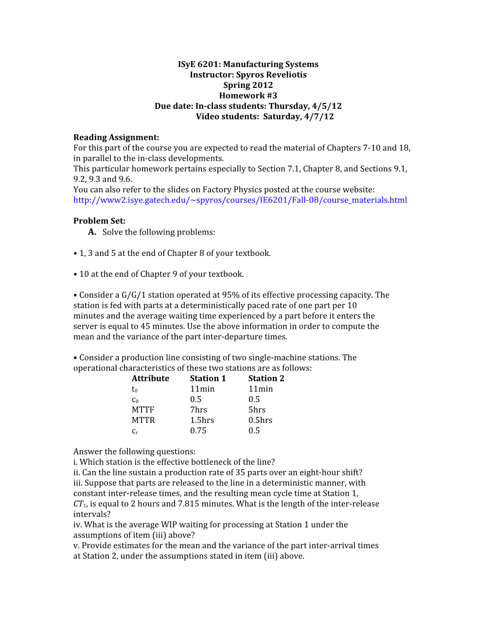 Isye 6201: Manufacturing Systems