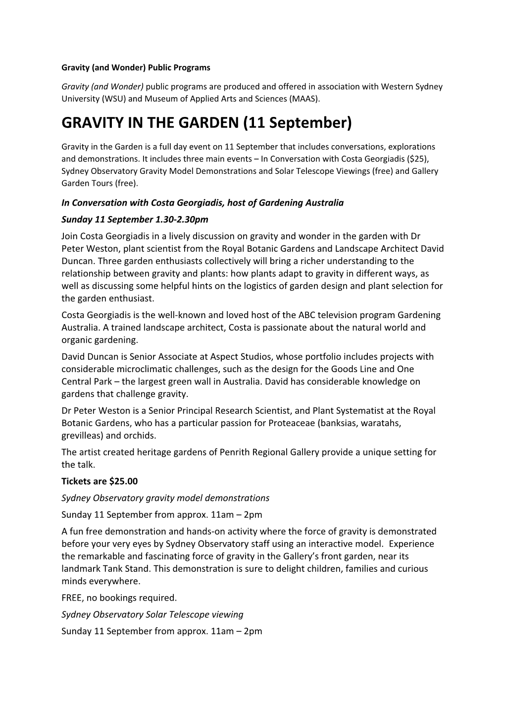 Gravity (And Wonder) Public Programs