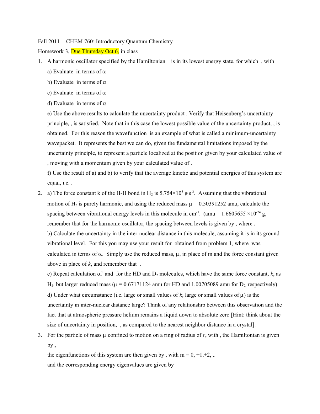 Fall 2011CHEM 760: Introductory Quantum Chemistry