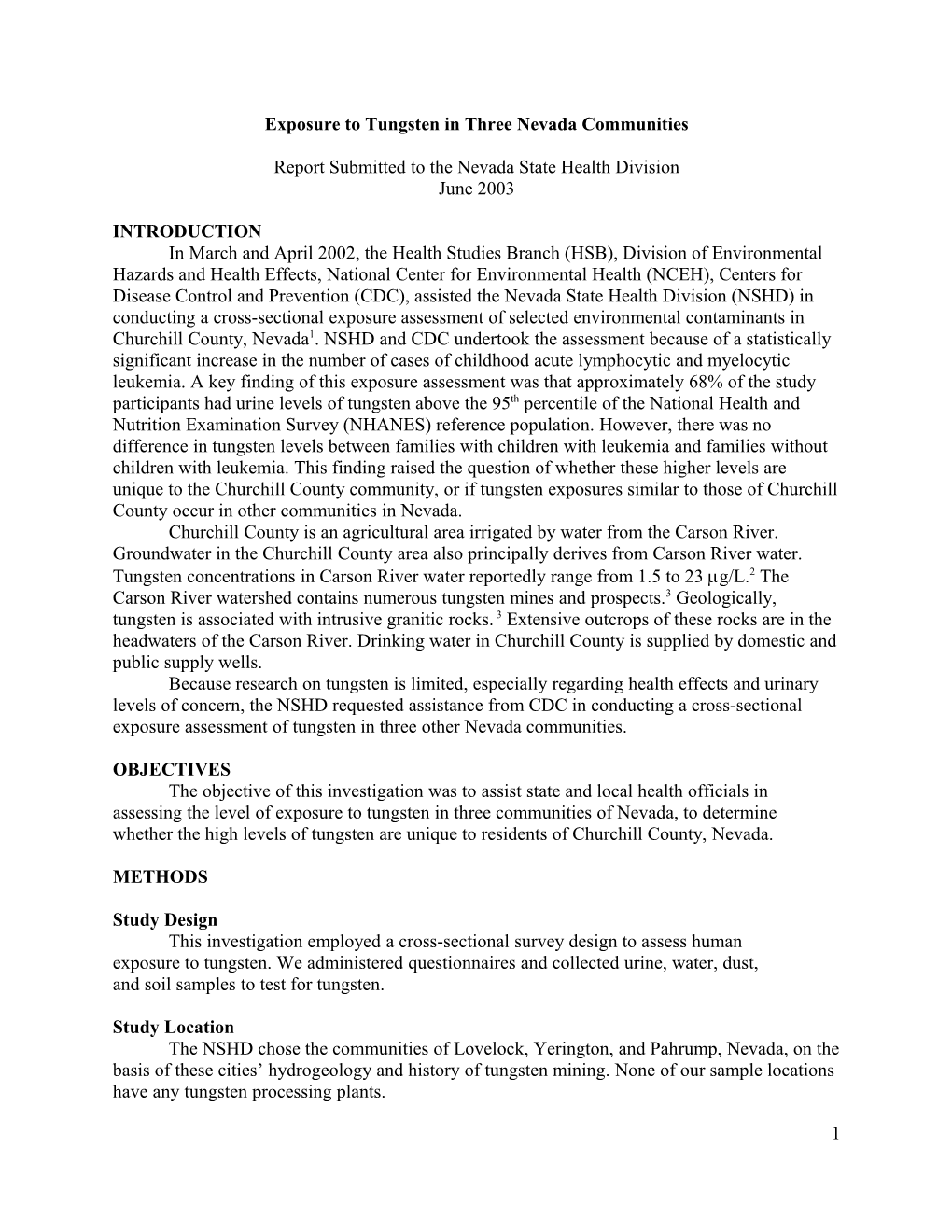 Exposure to Tungsten in Three Nevada Communities