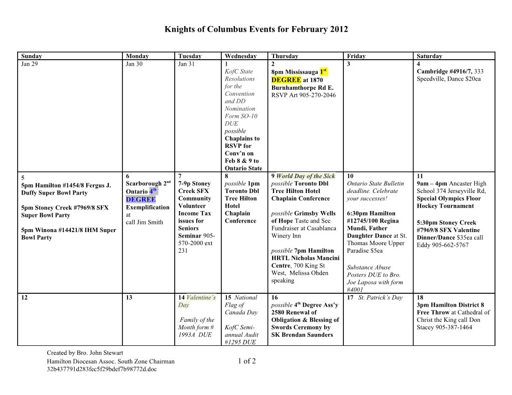 Knights of Columbus Events for February 2012