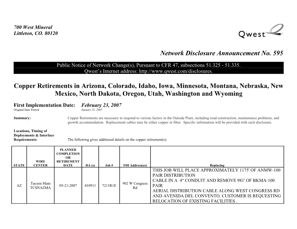 Network Disclosure Announcement No. 595