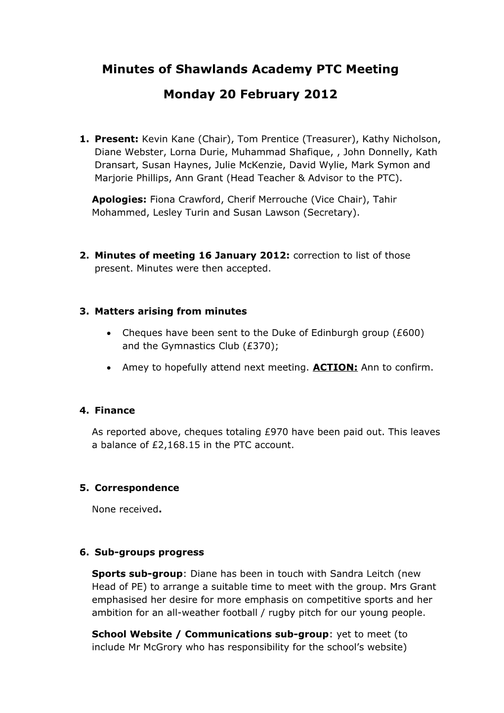 Minutes of Shawlands Academy PTC Meeting