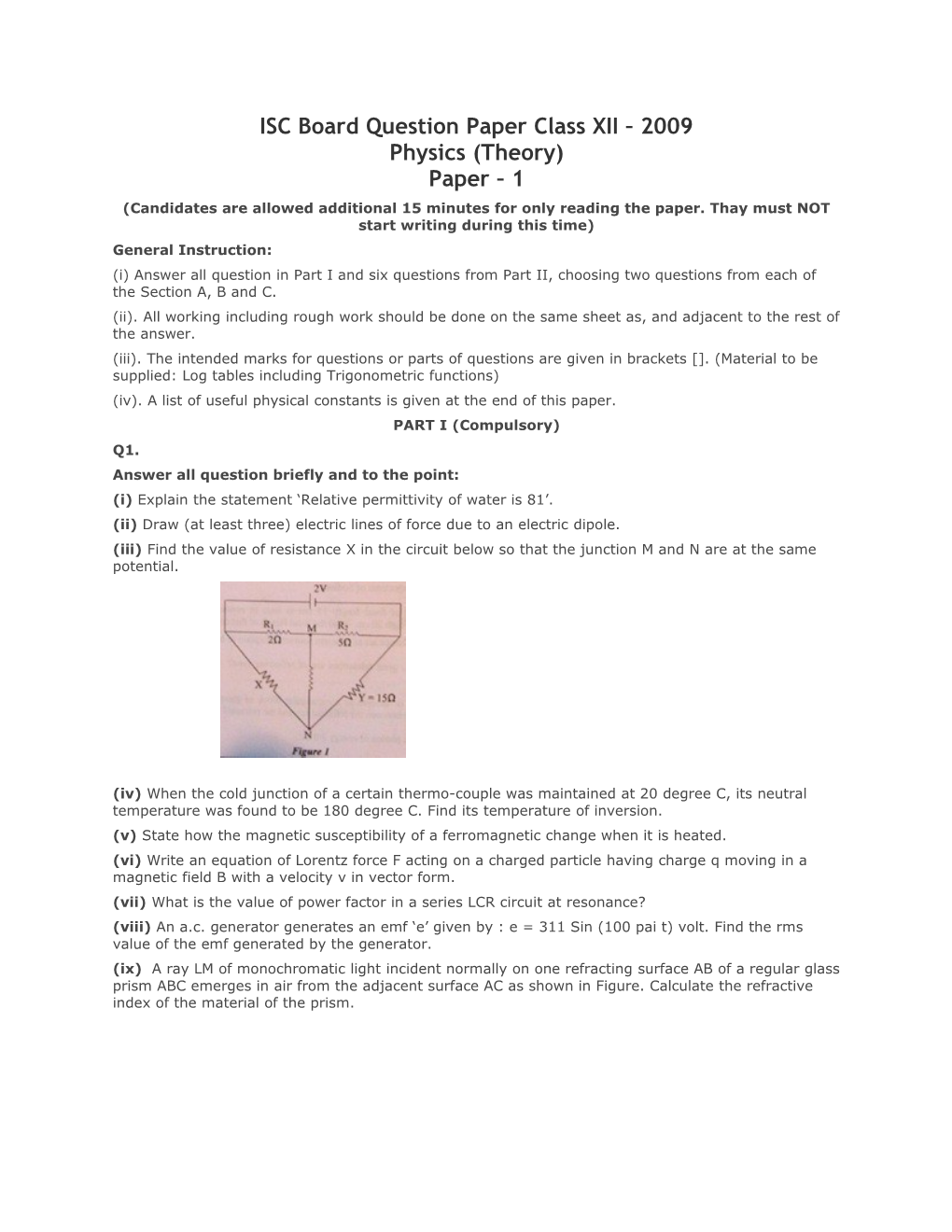 ISC Board Question Paper Class XII 2009