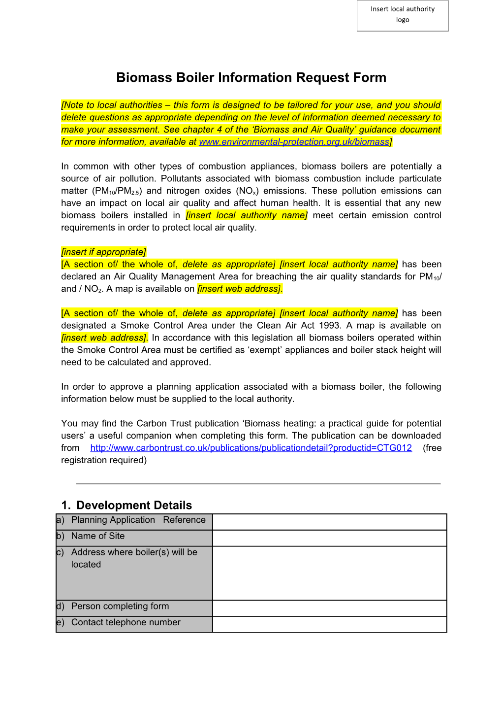 Biomass Boiler Information Request