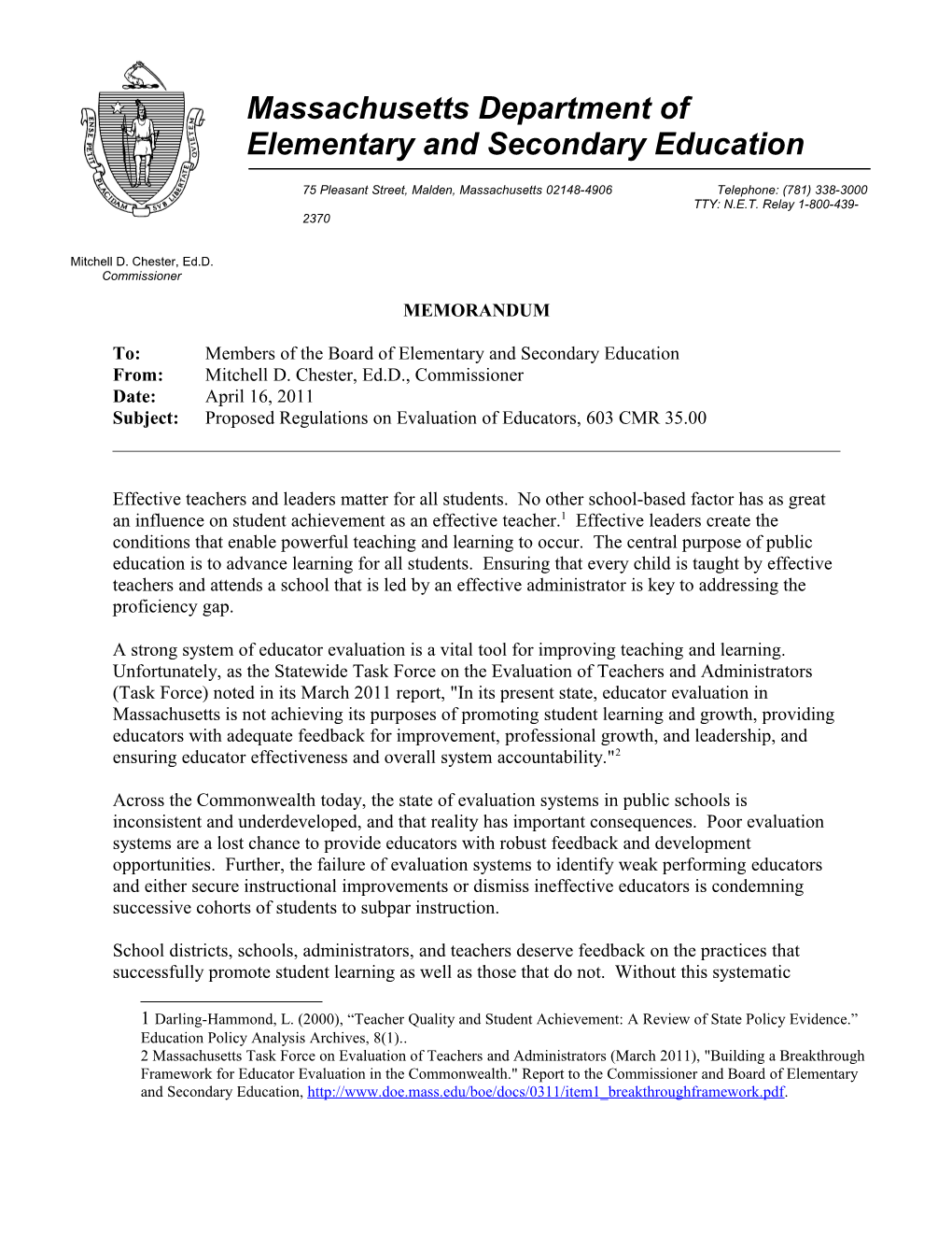 4/27/11 Board Agenda #1: Proposed Regulations on Evaluation of Educators, 603 CMR 35.00