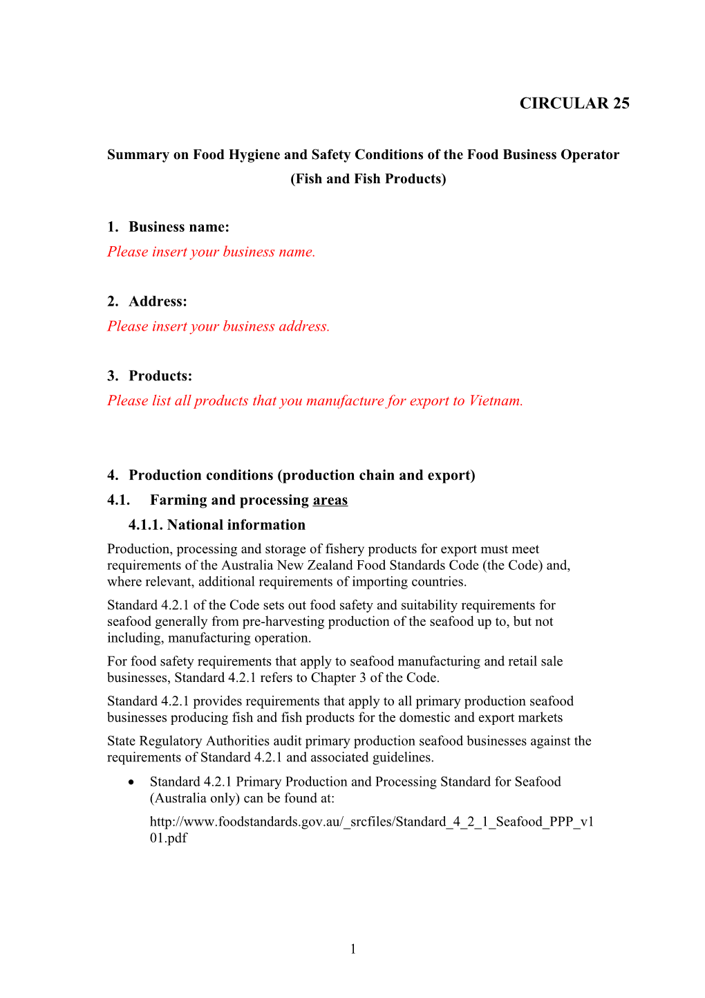 Summary on Food Hygiene and Safety Conditions of the Food Business Operator