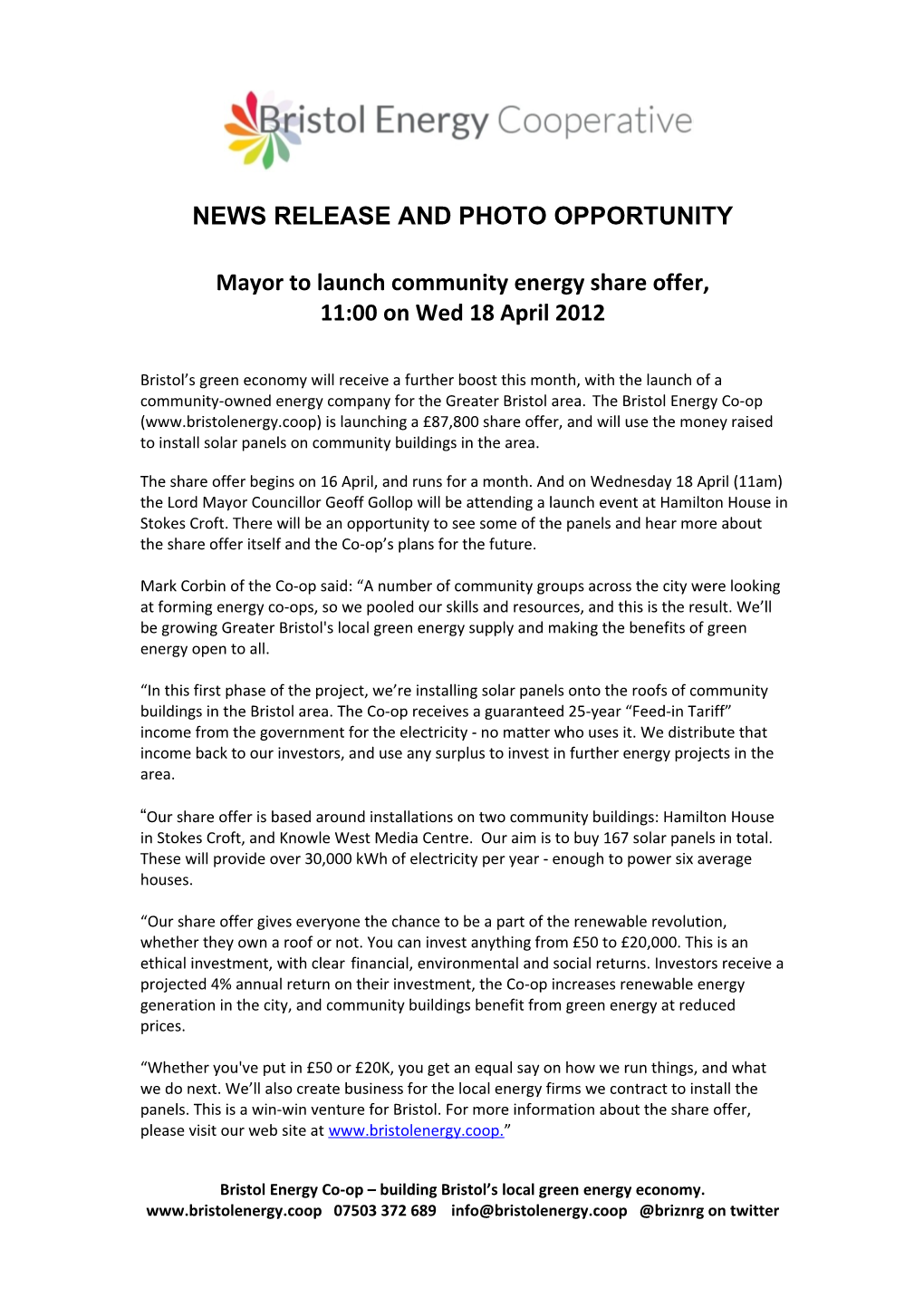 News Release and Photo Opportunity