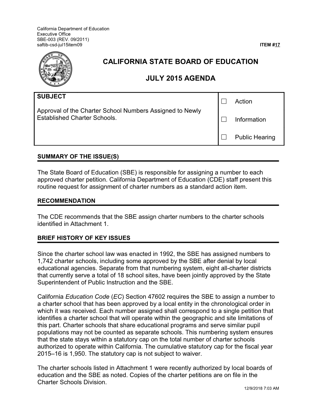 July 2015 Agenda Item 17 Revised - Meeting Agendas (CA State Board of Education)