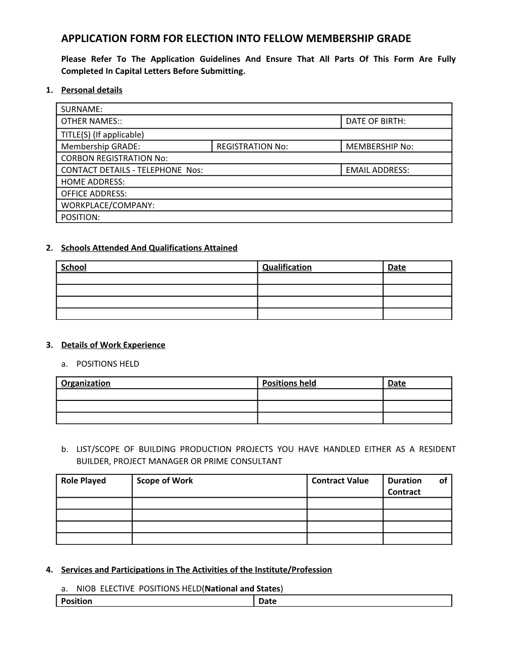 Application Form for Election Into Fellow Membership Grade