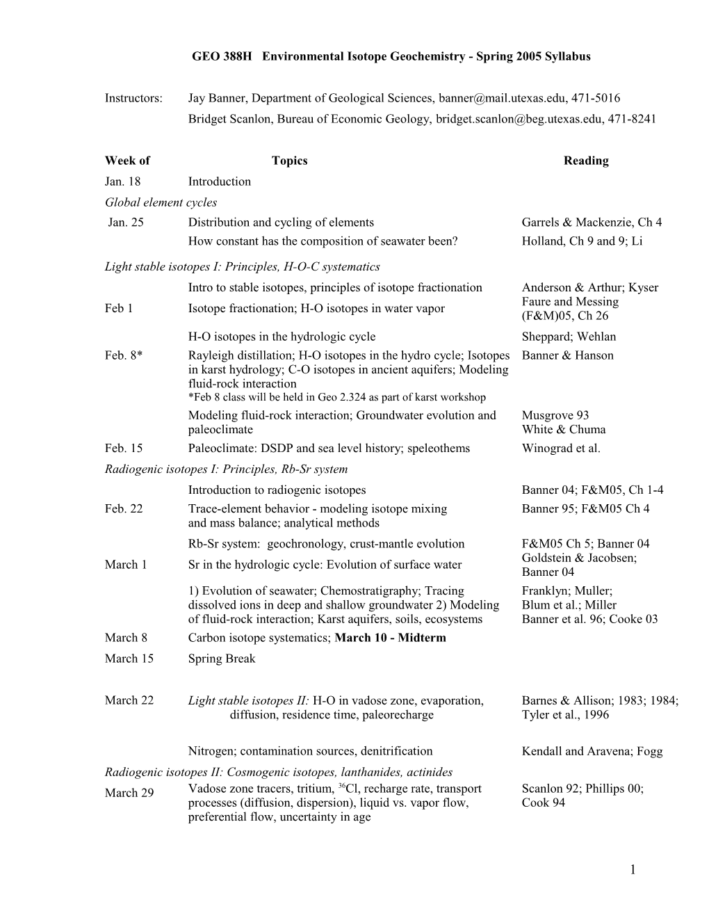 GEO 388H Enviro Isotope Geochem Spring 2001 Syllabus