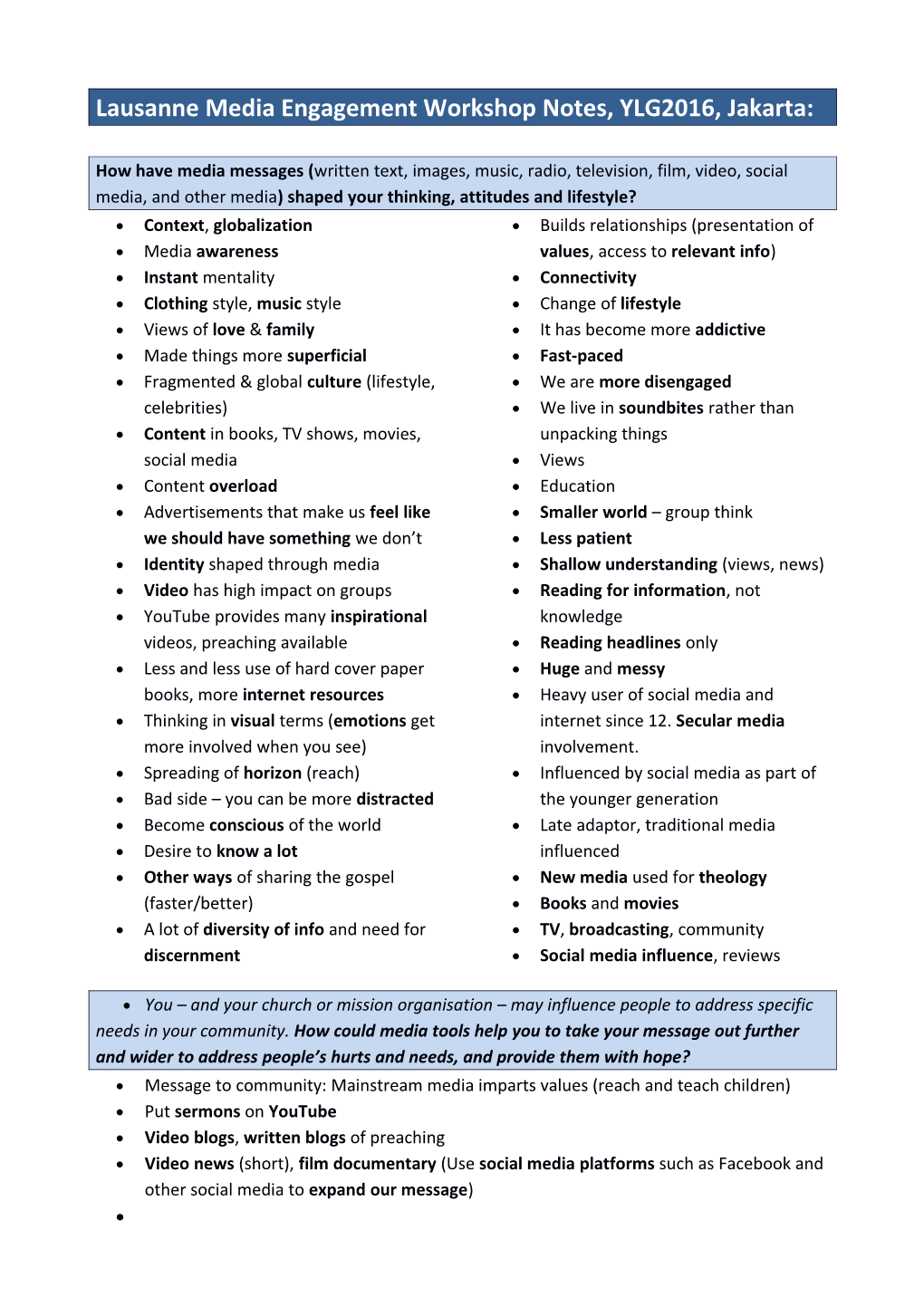 Lausanne Media Engagement Workshop Notes, YLG2016, Jakarta
