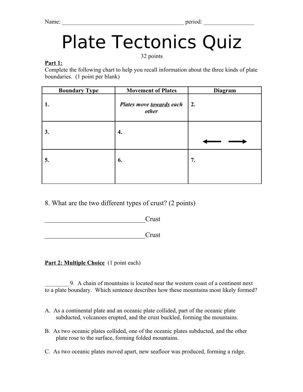 Plate Tectonics Quiz