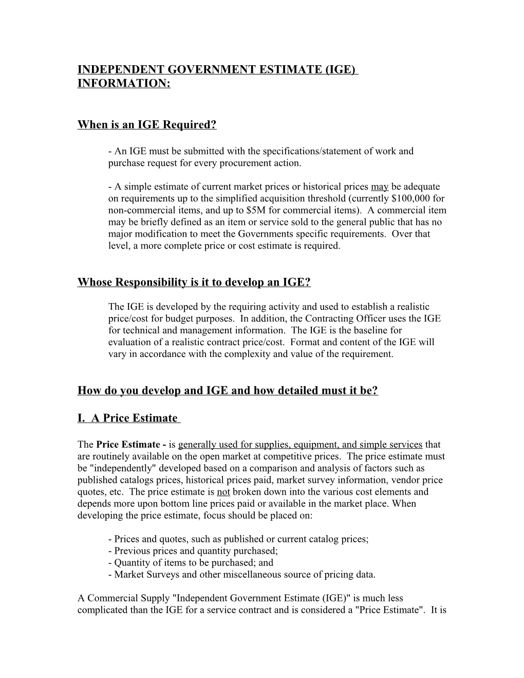 General Independent Government Estimate (Ige) Information