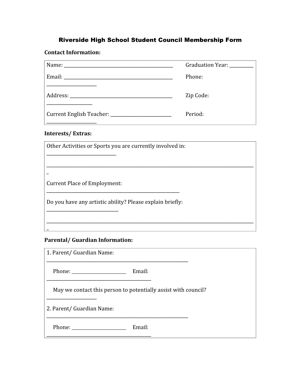 Riverside High School Student Council Membership Form