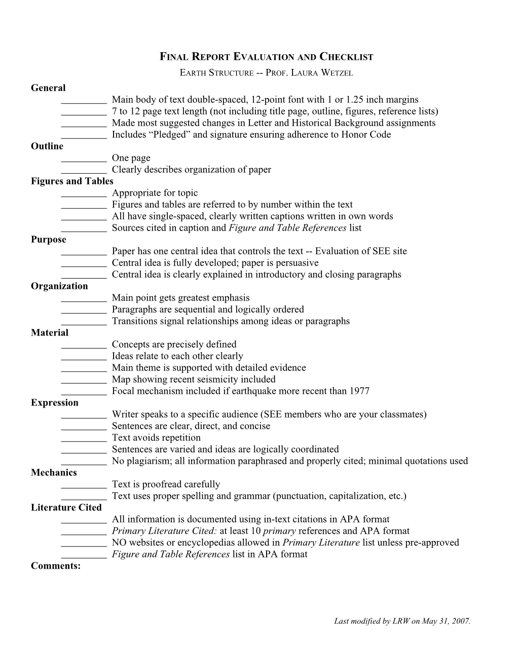 Final Report Evaluation and Checklist