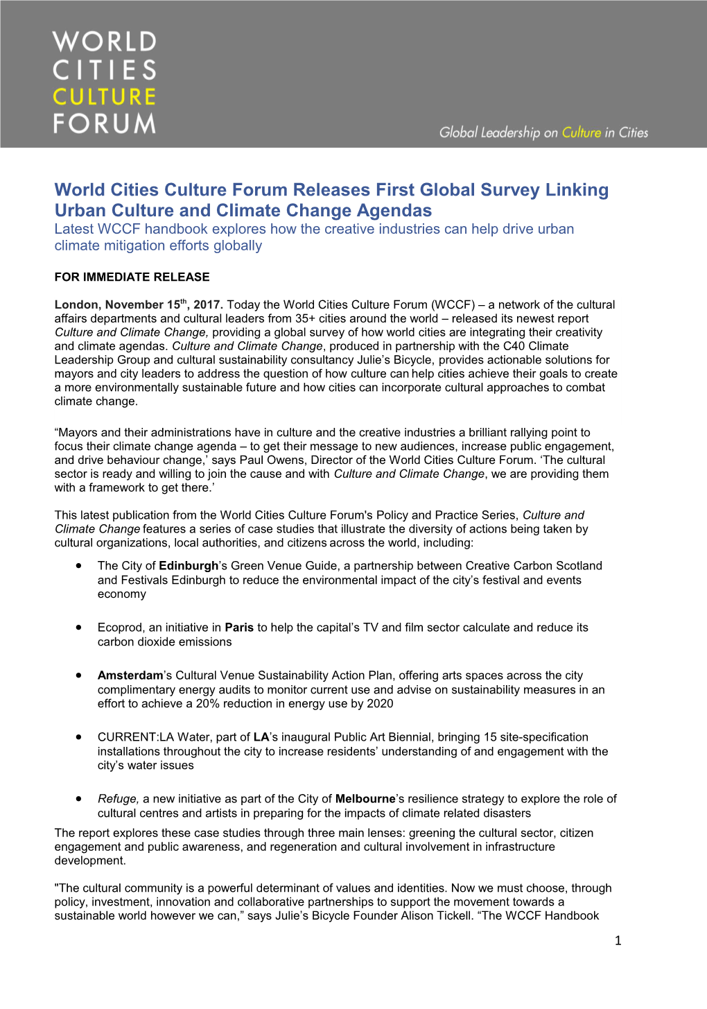 World Cities Culture Forum Releases First Global Survey Linking Urban Culture and Climate